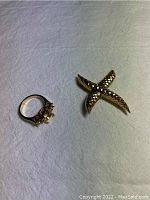 Photo showing the 14K gold ring and 'X' shaped pin side by side.