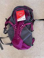 Purple Osprey backpack with tags showing, partial view of mesh pockets and straps