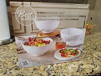 Photo of Best Match 6-piece bowl and plate set packaging, showing the set includes bowls, plates, and lids, with serving suggestions pictured.