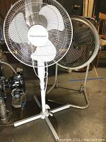 Feature Comforts oscillating stand fan and Westinghouse metal fan in basement showing size and condition