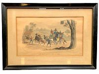 Framed lithograph showing full piece and black frame with beige matting.