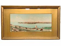 Framed colorized panoramic photo showing cows grazing near waterfront and buildings in the background