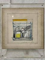 Front view of the abstract artwork showing geometric shapes in yellow, blue, black, and white, signed and dated 1968.