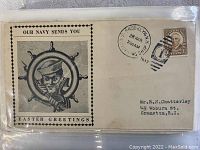 Photo of USS Navy Easter greeting First Day Cover postmarked April 28, 1937, with a 3 cent stamp and naval illustration.