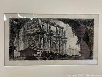 Close-up of the etching showing classical ruin detail.