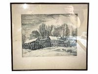 Front view of the framed hand-signed etched print depicting a winter scene in black and white with snow-covered buildings and trees.