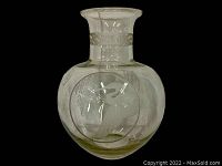 Front and side view of large clear glass vase with etched heron and decorative band on neck, signed Perry Coyle.