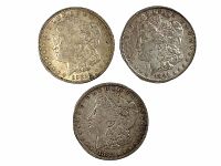 Obverse view of three Morgan silver dollars on plain white background showing date and condition.
