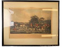 Full front view of framed engraving showing the complete foxhunt scene and frame
