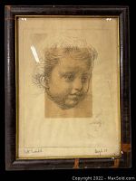 Front view of framed pencil sketch showing child's head portrait with signature and date beneath.