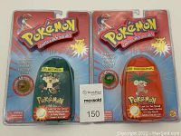 Two sealed Pokémon Collector Marble Pouches, one green Series 1 Meowth #52 and one orange Series 3 Exeggutor #103, shown in original packaging with marbles.