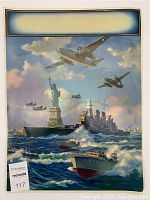 Full view of WWII 1943 Safeguards Of Liberty C. Moss lithograph poster showing maritime and air wartime scene with Statue of Liberty.
