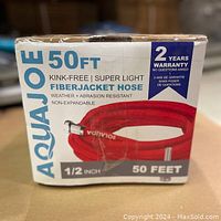 Front of the box showing product name, 50ft length, 1/2 inch size, fiber jacket, kink-free, weather and abrasion resistant, super light, and warranty info.