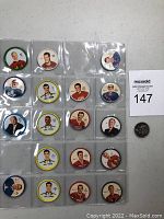 Photo of all 18 hockey coins arranged in sleeve pages showing players in various colored borders and metal coins with All Star rosters