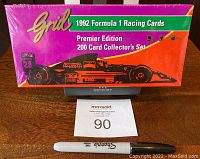 Front of sealed box showing Grid logo, 1992 Formula 1 Racing Cards title, Premier Edition 200 Card Collector’s Set text.