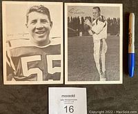 Both 5x7 photos of Ottawa Rough Riders 1960s players Ron Lancaster and Kaye Vaughan with facsimile autographs laid side by side with pen for size comparison.