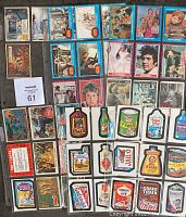 Full overview of lot including Star Wars, Monkees, Partridge Family, Batman, and Wacky Packages cards and stickers