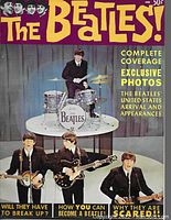 Front cover of The Beatles! magazine shows the four band members performing on stage with the drum kit prominently displaying The Beatles logo. Purple background with yellow headlines.