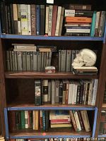 Wider view of the bookshelf showing multiple shelves with books including those in blue taped areas indicating lot boundaries for top and fourth shelves.