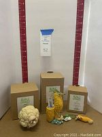 Three boxed Enesco Home Grown figurines displayed with corresponding resin figures: cauliflower sheep, corn cob seahorse toothpick holder, and sweet corn seahorse hanging ornament.