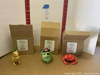 Photo of three Enesco Home Grown resin figurines in front of their open boxes showing foam inserts for protection.