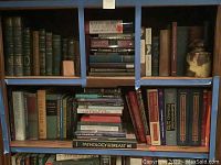Books on shelves within blue tape boundaries labeled as medical books in a library setting.
