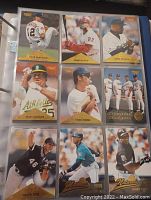 Image of 9 individual 1996 Pinnacle baseball cards featuring players Gary Langton, Mark Whiten, Greg Vaughn, Mark McGwire, Hideo Nomo, Dynamic Dodgers team, Jason Bere, Frank Thomas