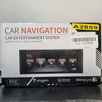 Front view of the product box showing 'Car Navigation Car Entertainment System' with touchscreen display image and Android operating system logo.