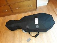 Closed black soft carrying case on hardwood floor, showing exterior shape, handle, strap and metal latch