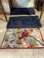 Three throw rugs laid out on basement floor, two dark blue and one smaller bird design rug