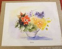 Full view of watercolor lithograph titled 'Flowering' by Rusty Hoeffner mounted on backboard.