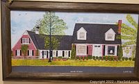 Full view of vintage painting "House On High" depicting a large house with white walls and black roof, surrounded by greenery and blue sky, in original wood frame.