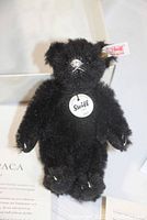 Close-up of the black Steiff bear standing showing its ear button tag, round neck tag, and mohair fur texture.