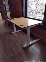Full view of desk showing bamboo veneer top and white steel legs