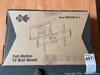 Box for the full-motion TV wall mount showing sketch of mount and product details.
