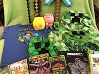 Full view of all Minecraft items including clothing, swords, plush, and boxed games and crafts