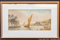 Framed watercolour painting showing the entire artwork with river scene and two sailing boats.