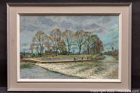 Full view of framed landscape painting showing the composition