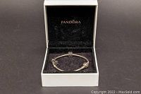 Open view of Pandora bracelet in branded box showing bracelet and interior lining.