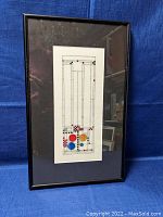 Framed embroidery artwork showing the entire piece with a dark mat and black frame, positioned against a blue background.