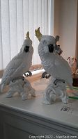 Pair of white cockatoo figurines on windowsill showing full figures and bases
