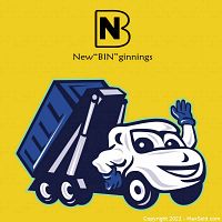 Yellow background with New “BIN” Ginnings logo featuring stylized white roll-off truck and blue bin icon