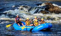 Group of rafters in blue inflatable raft navigating mild rapids on a river with forested shore.