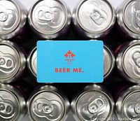 Plastic Dominion City Brewing Co. gift card on top of silver beer cans with 'BEER ME' text.