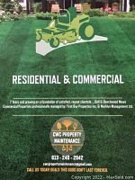 Signage with green lawn mower graphic on grass background, text “Residential & Commercial”, CWC Property Maintenance logo and contact info