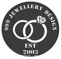 Circular black-and-white 999 Jewellery Design logo with two interlocking rings and diamond icon, text EST 2003