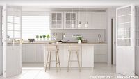 Sample modern white kitchen interior design with cabinetry, island, pendant lighting and open feel