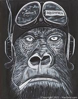 Front view of black and white gorilla canvas painting with aviator goggles and cigarette.