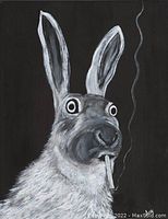 Front view of canvas print showing rabbit smoking a cigarette on black background
