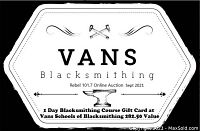 Printed gift certificate voucher showing Vans Blacksmithing logo and course details.